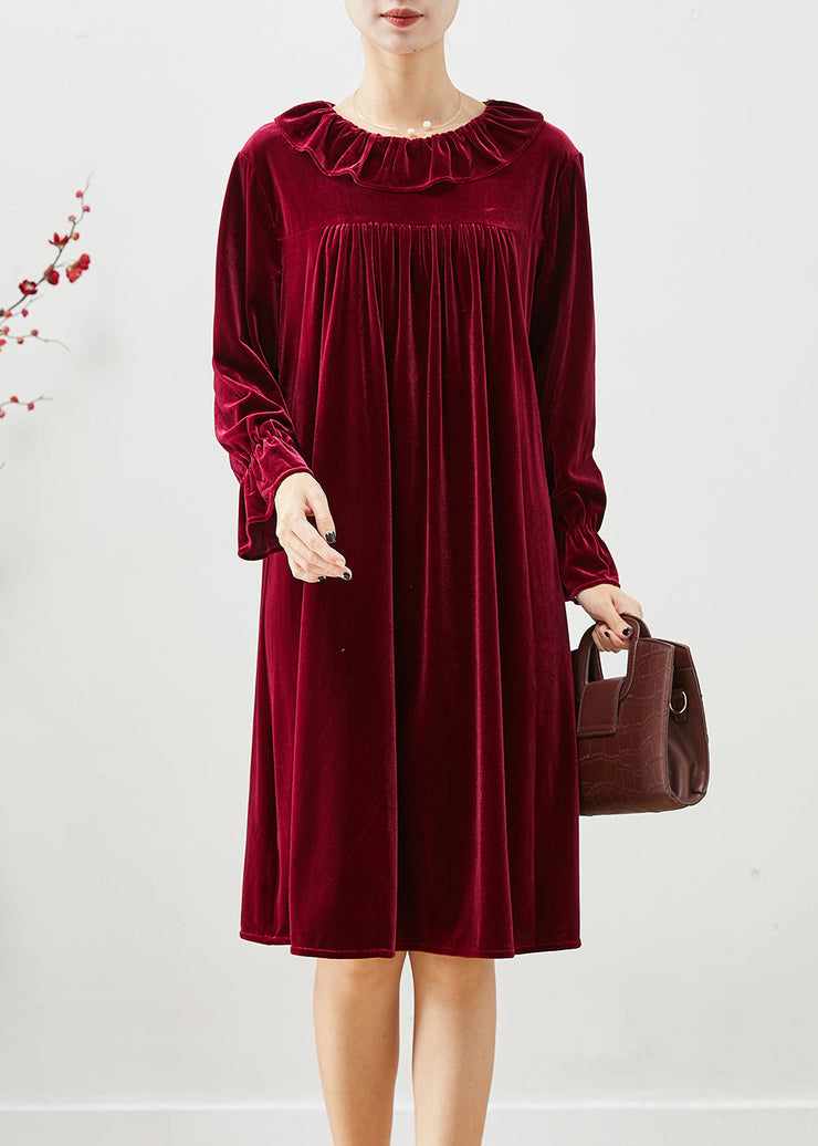 Plus Size Mulberry Ruffled Wrinkled Silk Velour Robe Dresses Fall