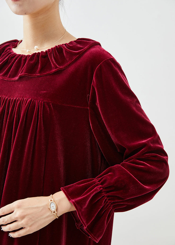 Plus Size Mulberry Ruffled Wrinkled Silk Velour Robe Dresses Fall