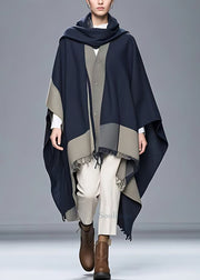 Plus Size Navy Asymmetrical Button Patchwork Cape Coat Fall