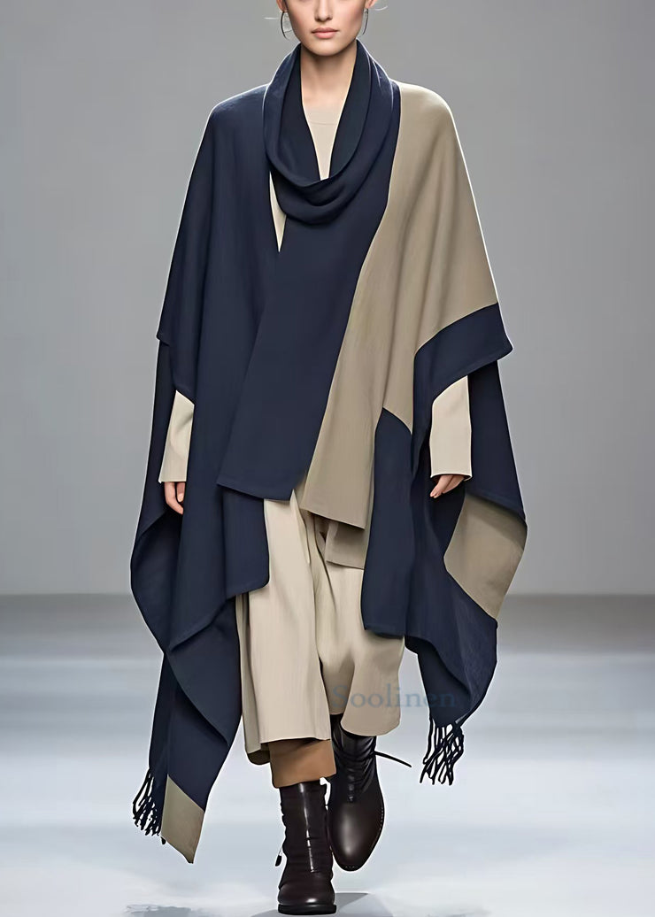 Plus Size Navy Asymmetrical Patchwork Cotton Coats Fall