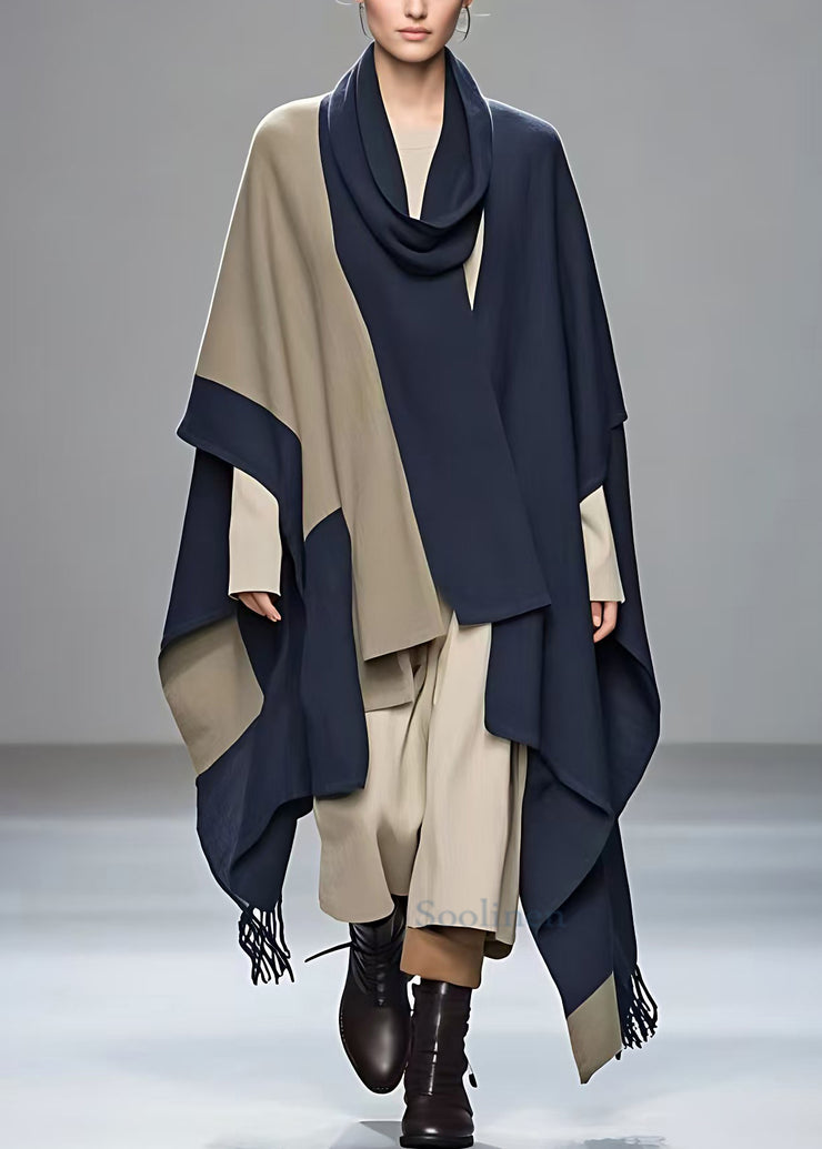 Plus Size Navy Asymmetrical Patchwork Cotton Coats Fall