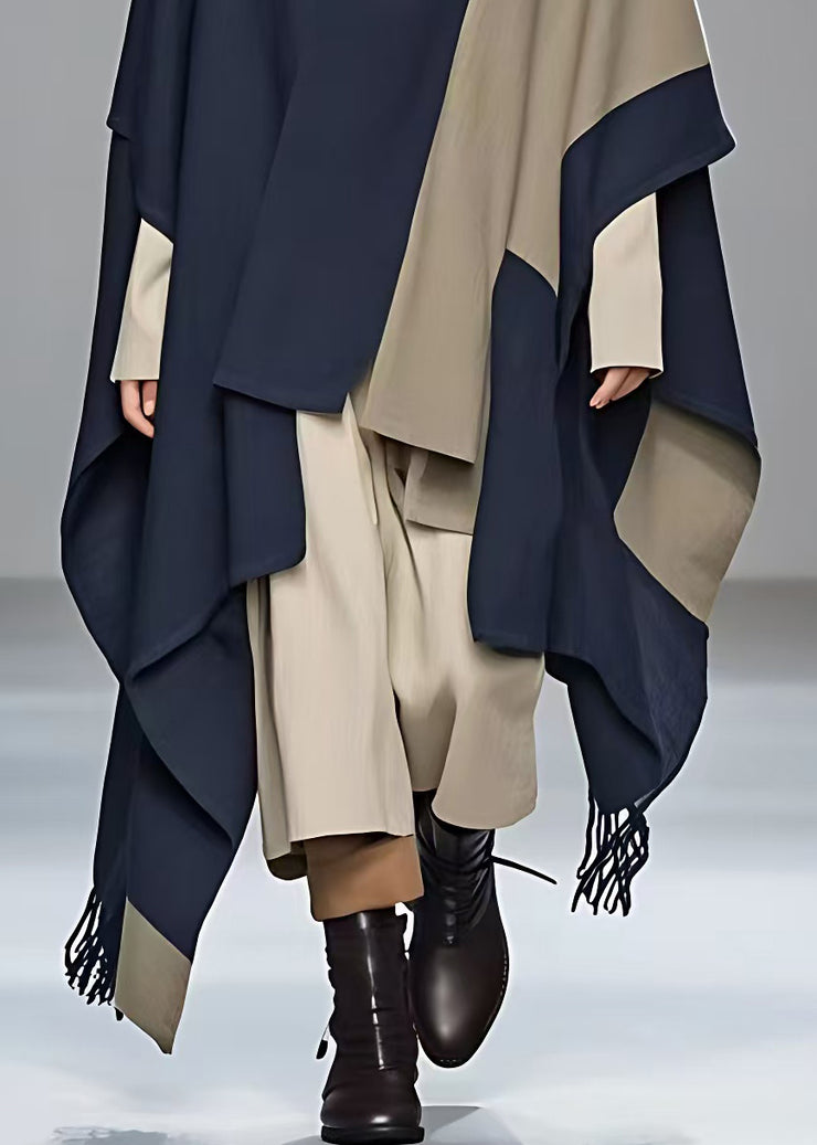 Plus Size Navy Asymmetrical Patchwork Cotton Coats Fall