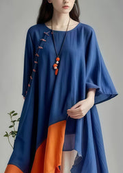 Plus Size Navy Asymmetrical Patchwork Cotton Dress Summer