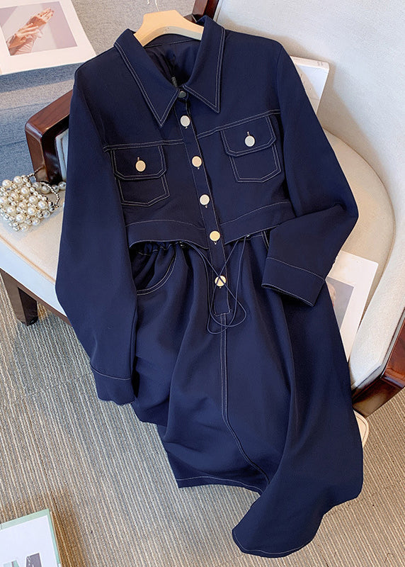 Plus Size Navy Drawstring Pockets Denim Dress Long Sleeve