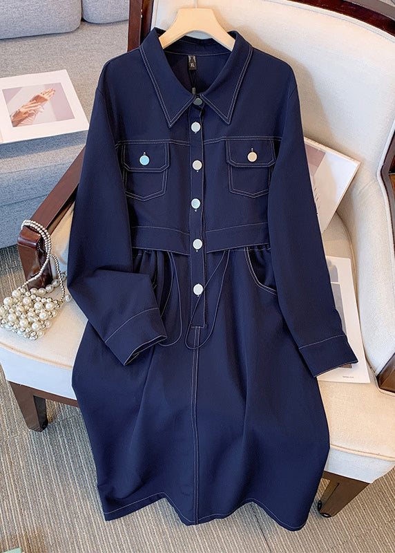 Plus Size Navy Drawstring Pockets Denim Dress Long Sleeve