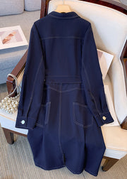 Plus Size Navy Drawstring Pockets Denim Dress Long Sleeve