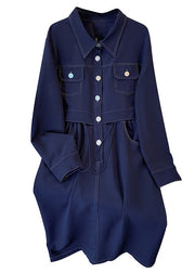 Plus Size Navy Drawstring Pockets Denim Dress Long Sleeve