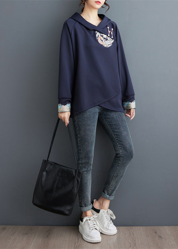 Plus Size Navy Embroidered Patchwork Cotton Sweatshirt Tops Spring