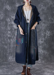 Plus Size Navy Hooded Asymmetrical Big Pockets Denim Trench Fall