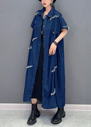 Plus Size Navy Oversized Cotton Ripped Denim Coat Outwear Short Sleeve