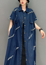 Plus Size Navy Oversized Cotton Ripped Denim Coat Outwear Short Sleeve