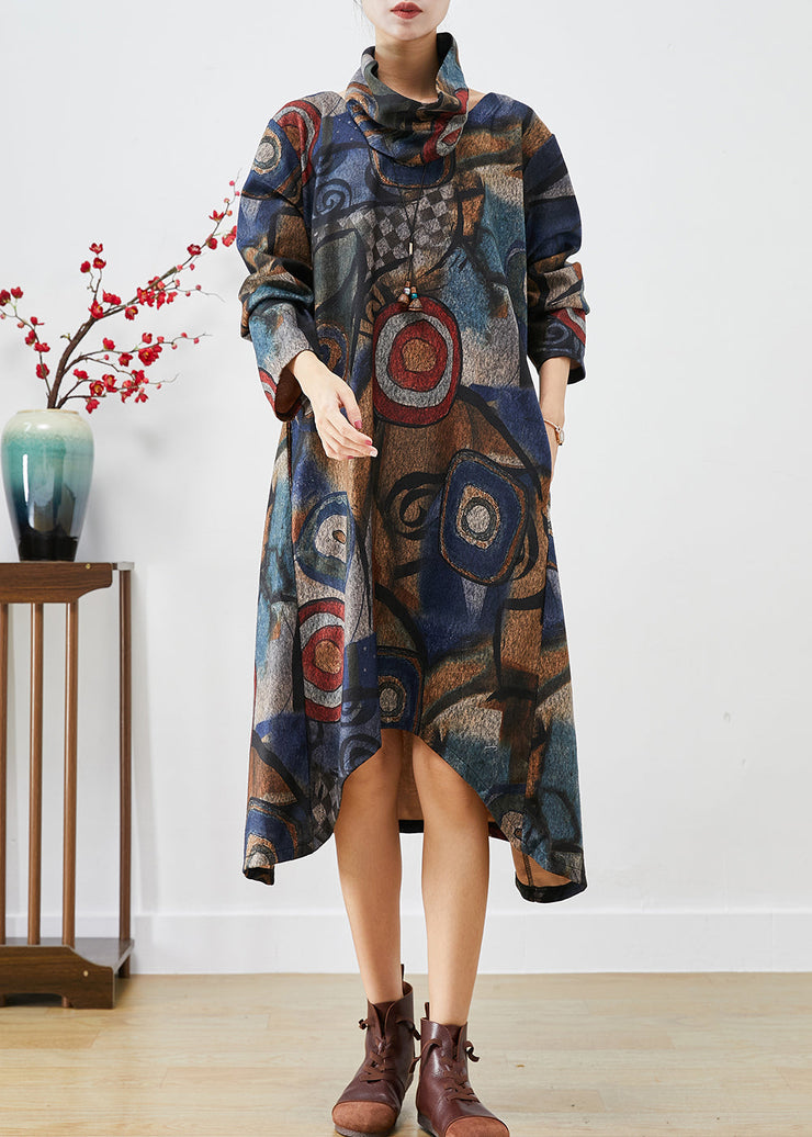 Plus Size Navy Oversized Print Woolen Dress Two Piece Set Fall