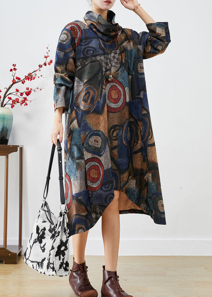 Plus Size Navy Oversized Print Woolen Dress Two Piece Set Fall