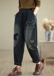 Plus Size Navy Pockets Elastic Waist Denim Pants Fall