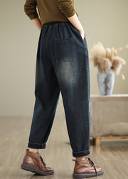 Plus Size Navy Pockets Elastic Waist Denim Pants Fall