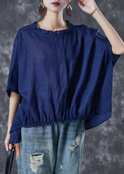 Plus Size Navy Ruffled Low High Design Linen Top Short Sleeve