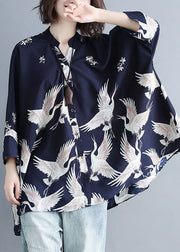 Plus Size Green-geometry Stand Collar Oversized Print Chiffon Top Batwing Sleeve