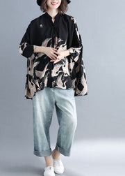 Plus Size Indigo-Cashew Stand Collar Oversized Print Chiffon Top Batwing Sleeve