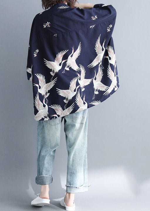 Plus Size Indigo-Cashew Stand Collar Oversized Print Chiffon Top Batwing Sleeve