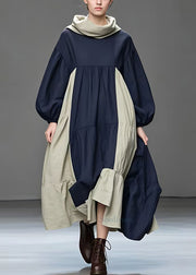 Plus Size Navy Turtleneck Patchwork Cotton Long Dresses Fall