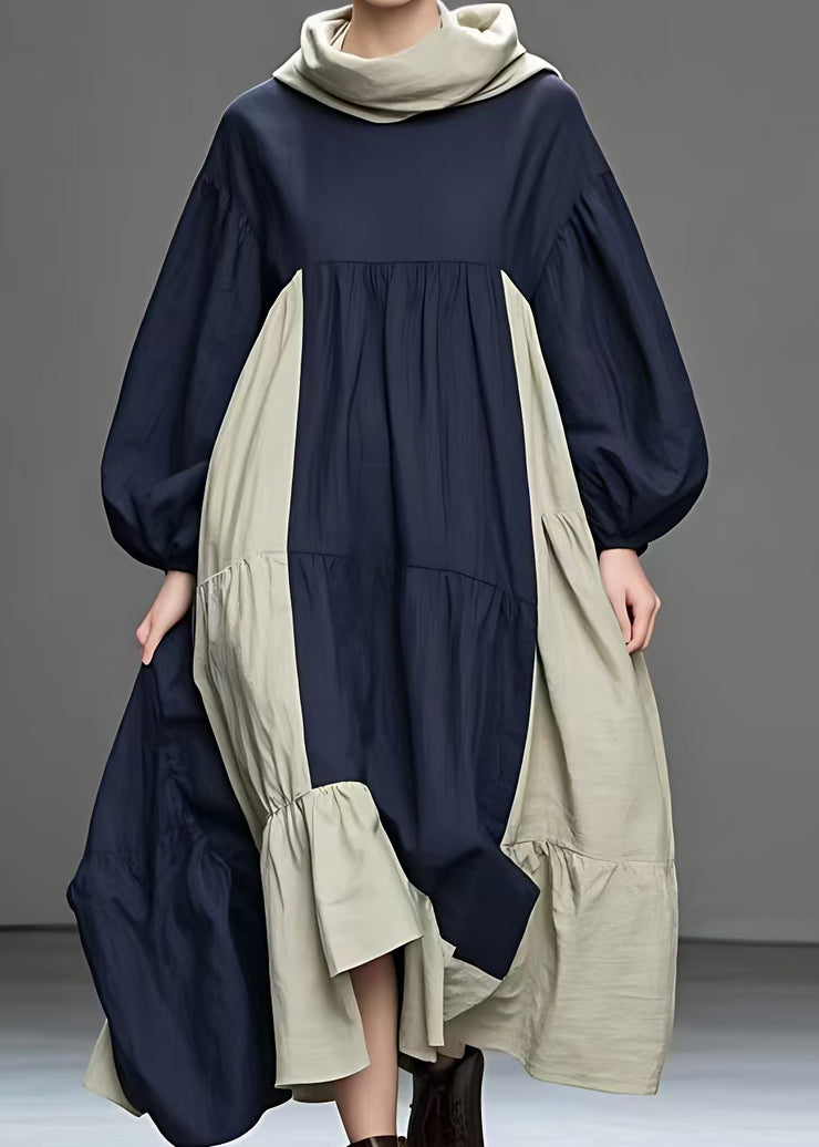 Plus Size Navy Turtleneck Patchwork Cotton Long Dresses Fall