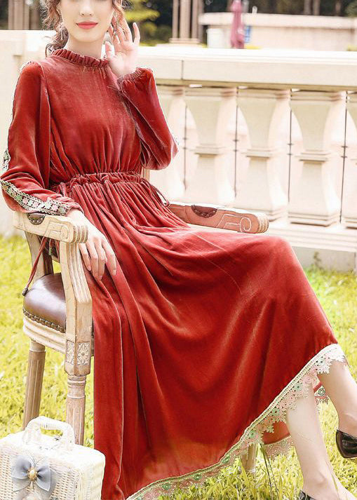 Plus Size Orange Cinched Patchwork Lace Silk Velour Long Dress Spring