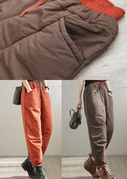 Plus Size Orange Elastic Waist Pockets Patchwork Fine Cotton Filled Pants Winter