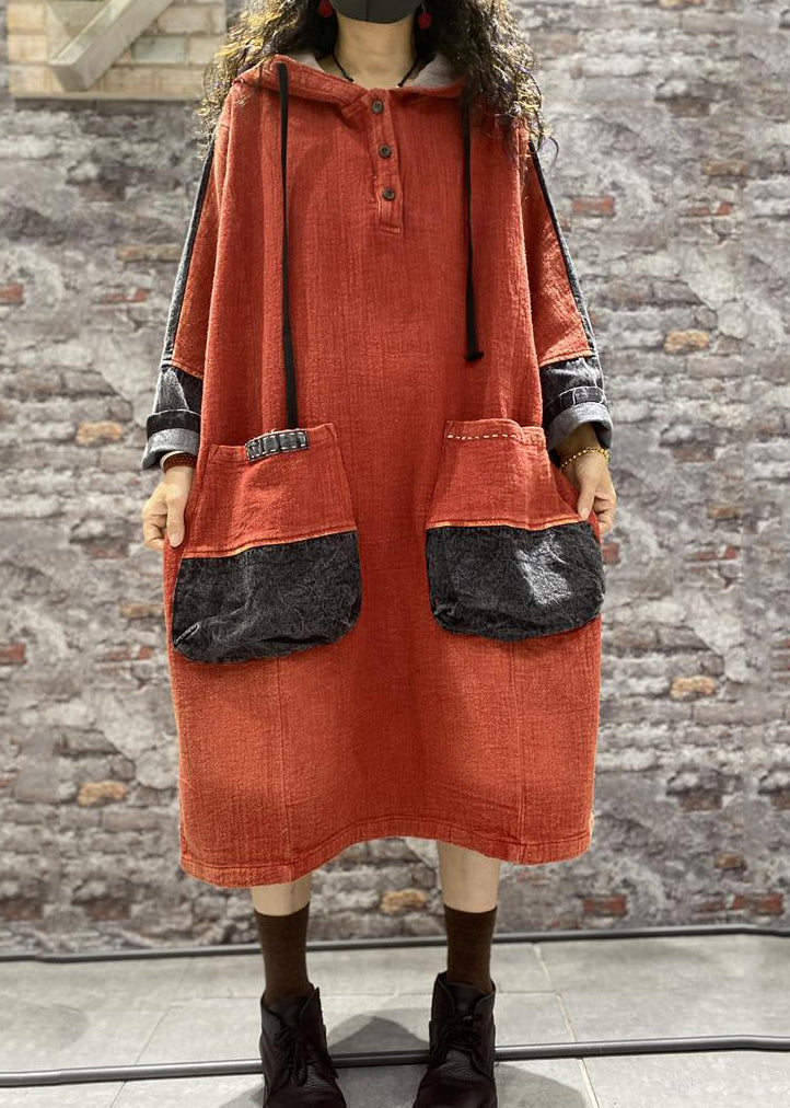 Plus Size Orange Hooded Pockets Denim Long Dress Fall