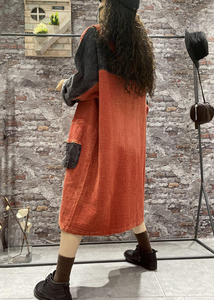 Plus Size Orange Hooded Pockets Denim Long Dress Fall