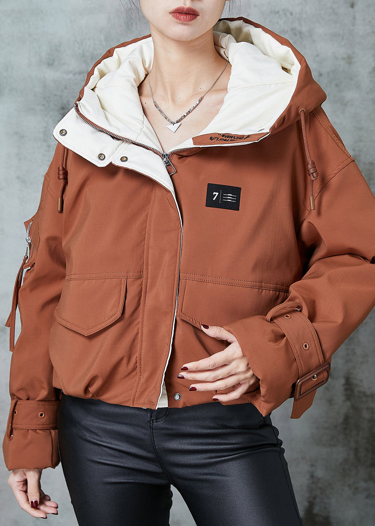 Plus Size Orange Hooded Pockets Duck Down Jacket In Winter