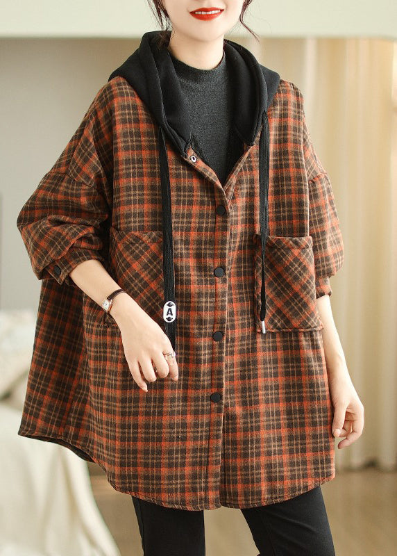 Plus Size Orange Hooded Pockets Plaid Warm Fleece Jacket Winter