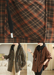 Plus Size Orange Hooded Pockets Plaid Warm Fleece Jacket Winter