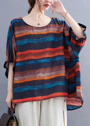 Plus Size Orange O Neck Striped Cotton Top Batwing Sleeve