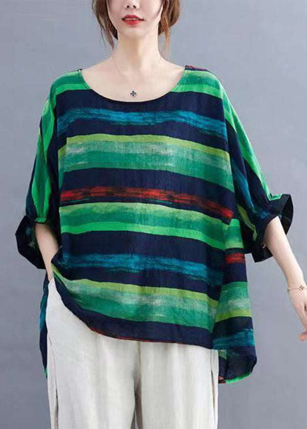 Plus Size Orange O Neck Striped Cotton Top Batwing Sleeve