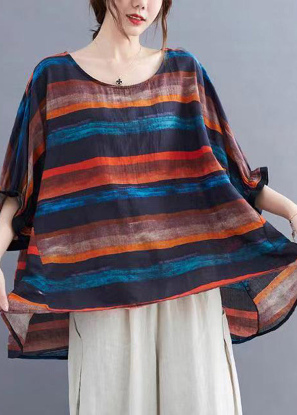 Plus Size Orange O Neck Striped Cotton Top Batwing Sleeve