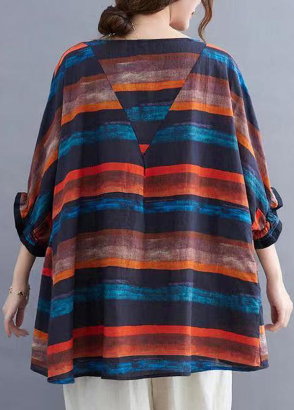 Plus Size Orange O Neck Striped Cotton Top Batwing Sleeve