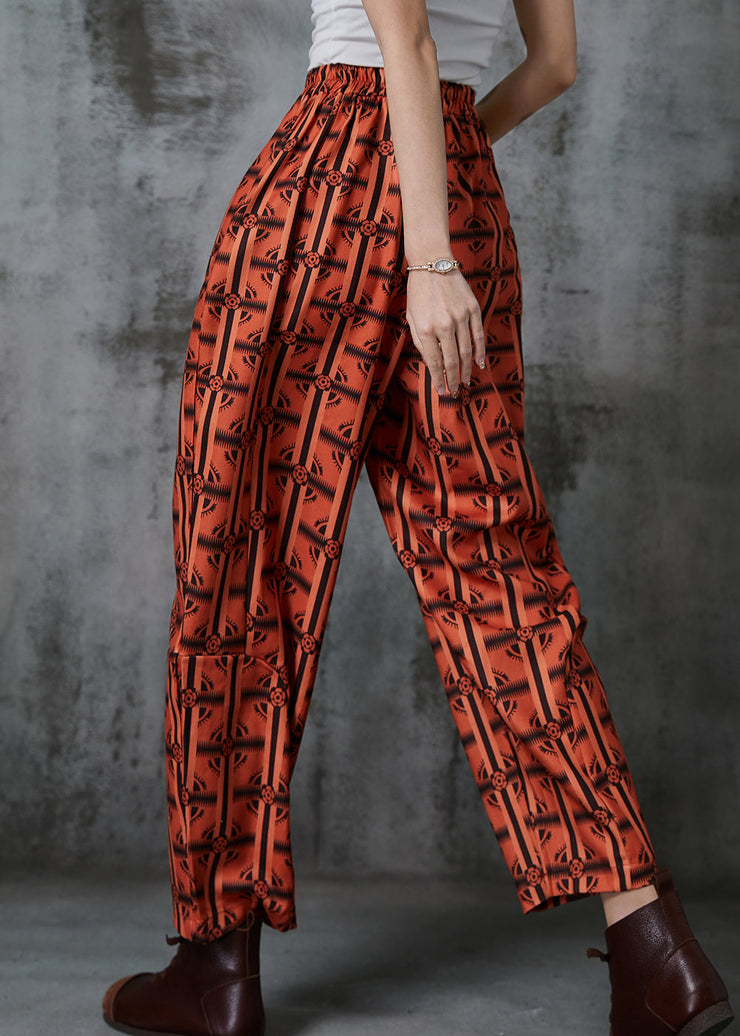 Plus Size Orange Oversized Print Cotton Pants Summer