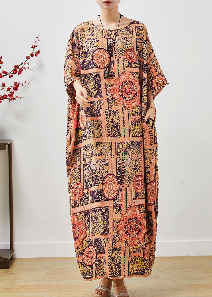 Plus Size Orange Oversized Print Cotton Vacation Dress Summer