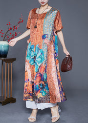 Plus Size Orange Oversized Print Pockets Silk Vacation Dresses Summer