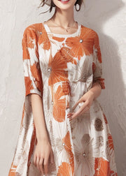 Plus Size Orange Print High Waist Cotton Dresses Half Sleeve