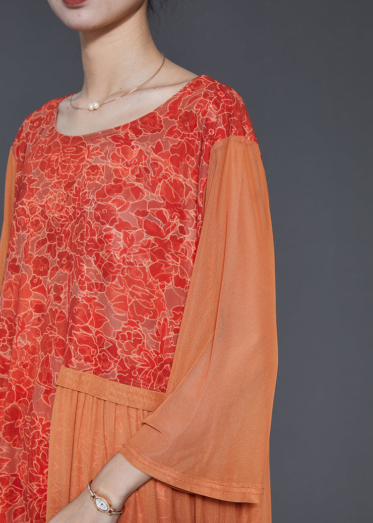 Plus Size Orange Print Patchwork Silk Long Dress Bracelet Sleeve