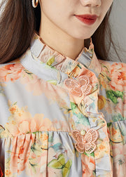 Plus Size Orange Ruffled Print Chiffon Shirt Top Spring