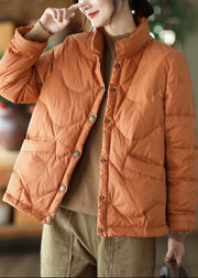 Plus Size Orange Stand Collar Pockets Fine Cotton Filled Parkas Winter