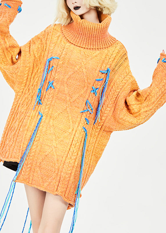 Plus Size Orange Turtleneck Patchwork Cozy Thick Knit Sweaters Fall