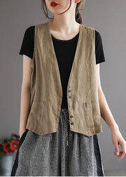 Plus Size Orange V Neck Pockets Linen Vest Tops Sleeveless