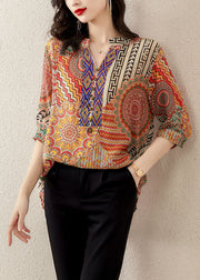 Plus Size Orange V Neck Print Patchwork Chiffon T Shirt Tops Summer