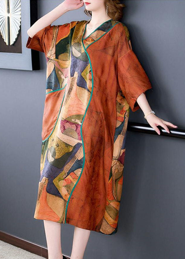 Plus Size Orange V Neck Print Patchwork Silk Dresses Summer