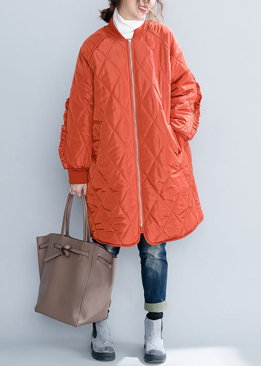 Plus Size Orange Zip Up Pockets Ruffled Patchwork Cotton Filled Coats Winter