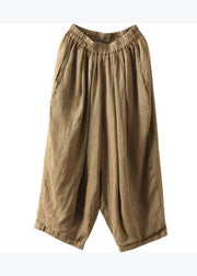 Plus Size Original Coffee Pockets Elastic Waist Linen Crop Pants Summer