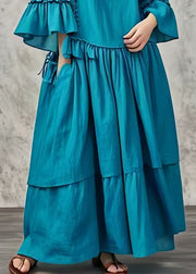 Plus Size Peacock Blue Oversized Patchwork Cotton Maxi Dresses Fall